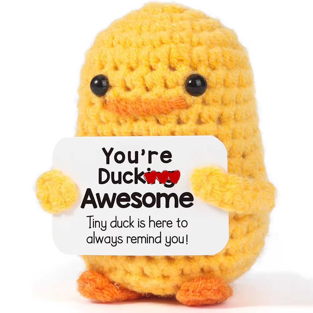Funny Crochet Positive Energy Duck Doll with Card Cute Emotional Support Knitted Woolen Duck Room Decor Mother Christmas Gifts