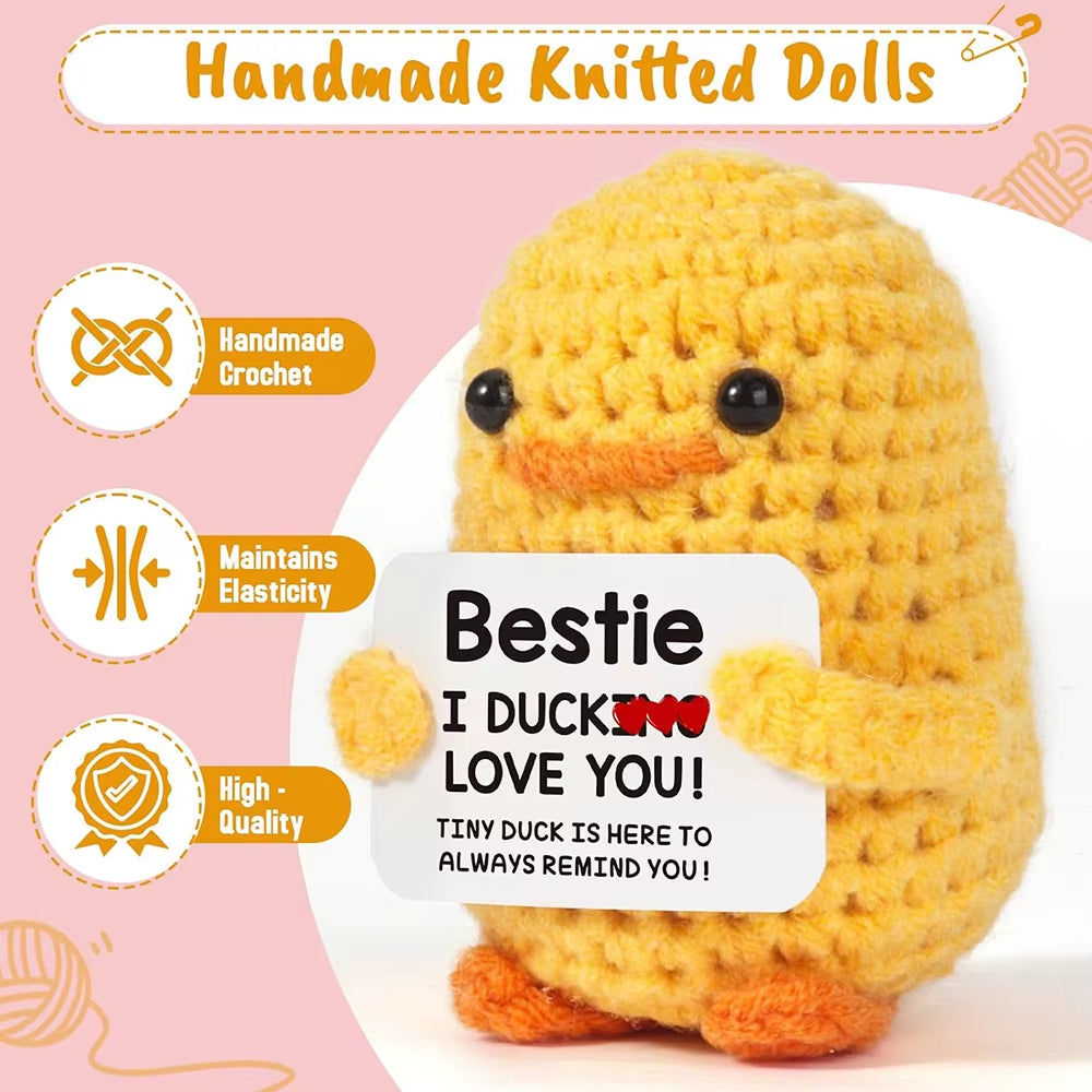 Funny Crochet Positive Energy Duck Doll with Card Cute Emotional Support Knitted Woolen Duck Room Decor Mother Christmas Gifts