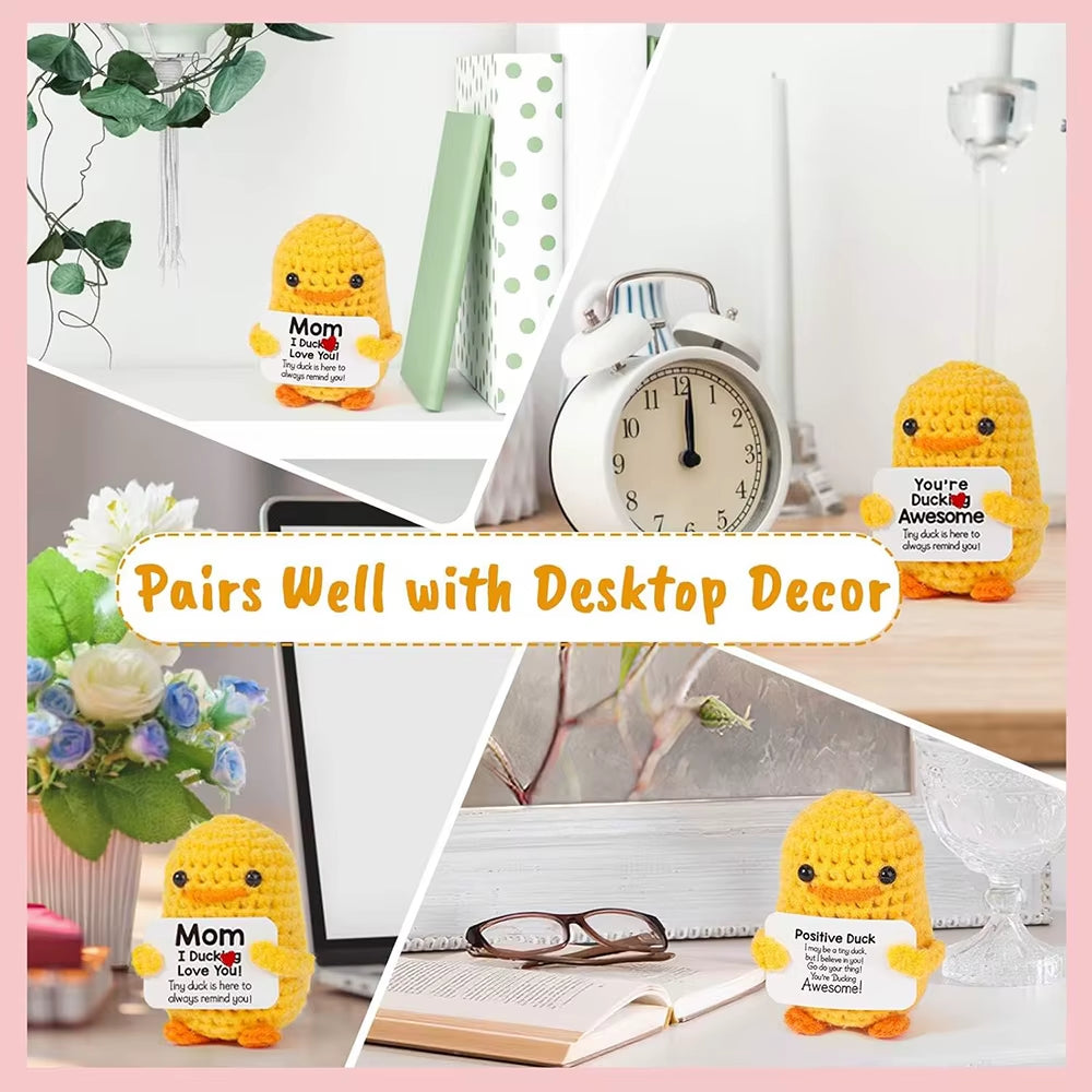 Funny Crochet Positive Energy Duck Doll with Card Cute Emotional Support Knitted Woolen Duck Room Decor Mother Christmas Gifts